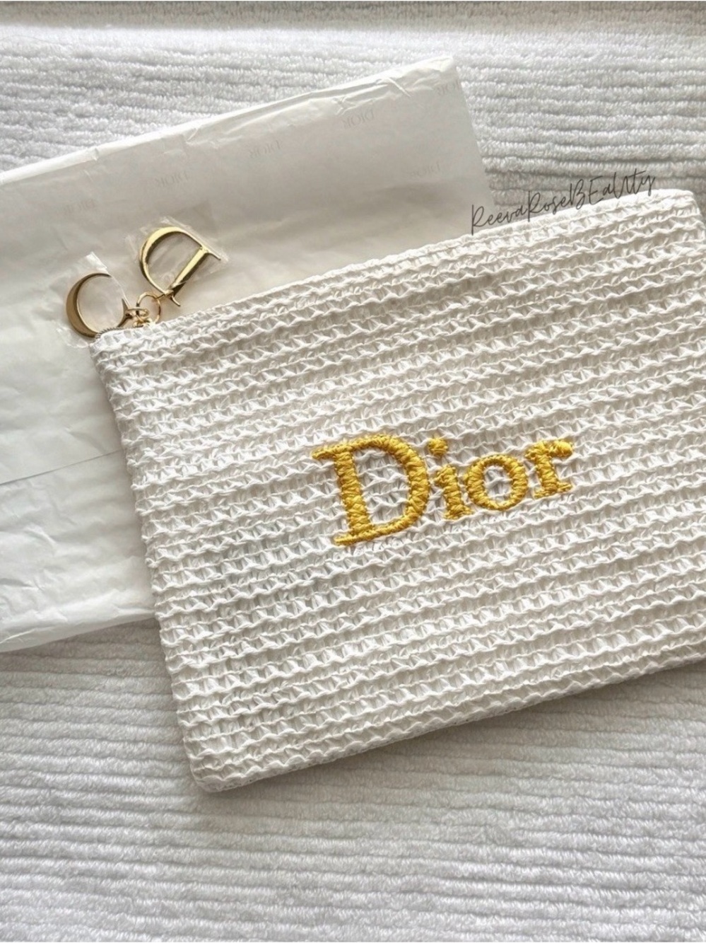 Dior White Crochet Pouch with Gold Logo GWP makeup
